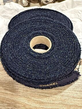 CHANEL Navy Glitter-Accent Ribbon with Gold Logo